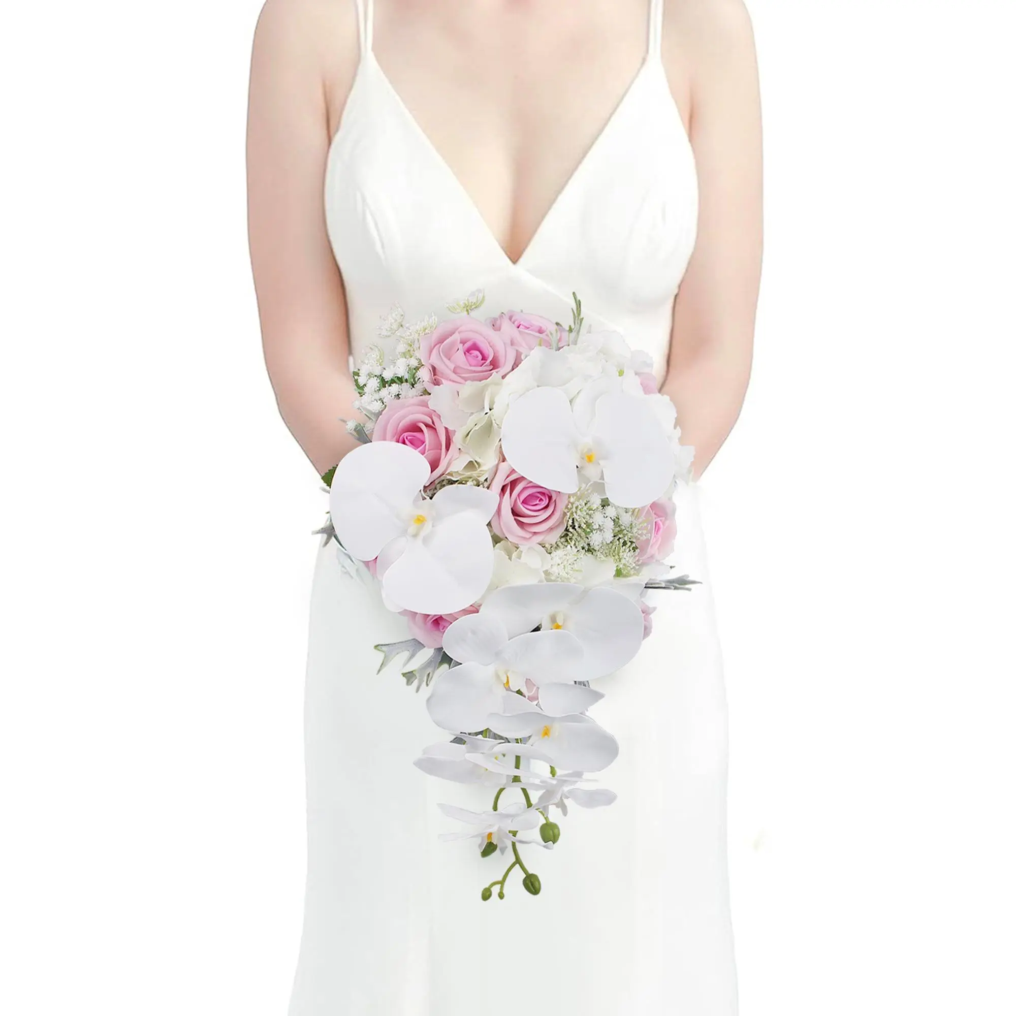 Rinlong 9-in W Elegant Silk Orchid Faux Flower Cascading Bridal Bouquet, Pink & White Wedding Centerpiece for Home & Festive Party Supplies