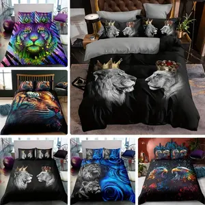 3-Piece Lion Print Bedding Set (1 Fitted Sheet + 1/2 Pillowcases), Soft Bed Linen, Lion Pattern Bedroom Accessories, No Quilt Included