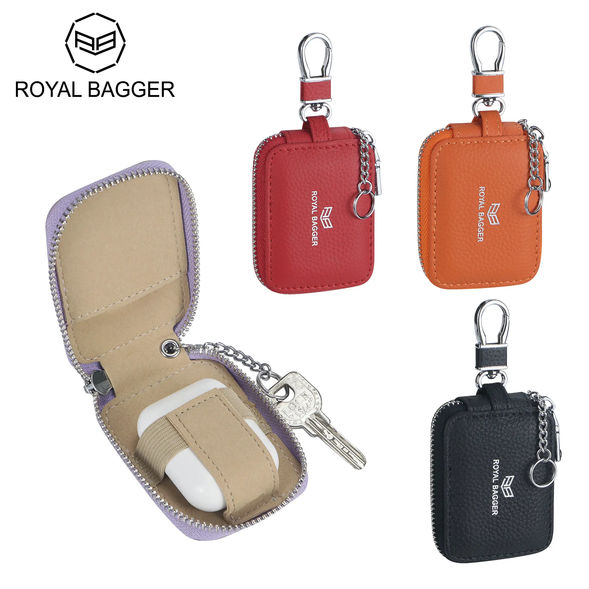 Royal Bagger Women's Genuine Leather Headphones Case - Audio Accessory with Style, Handy Unisex Zippered Key Wallet, Convenient Durable Portable Multi-Function Pouch with Keychain, Secure, Polycarbonate, Basic, Keys Stay Linked, Headset, Fashionable, Ever