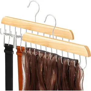 [2 Pack] Wood Hair Extension Holder for Hair Storing, Washing, Drying, Coloring, Styling, Foldable Belt Hanger, Rotating Multi-Purpose Hooks Hanger, Hanging Closet Organizer