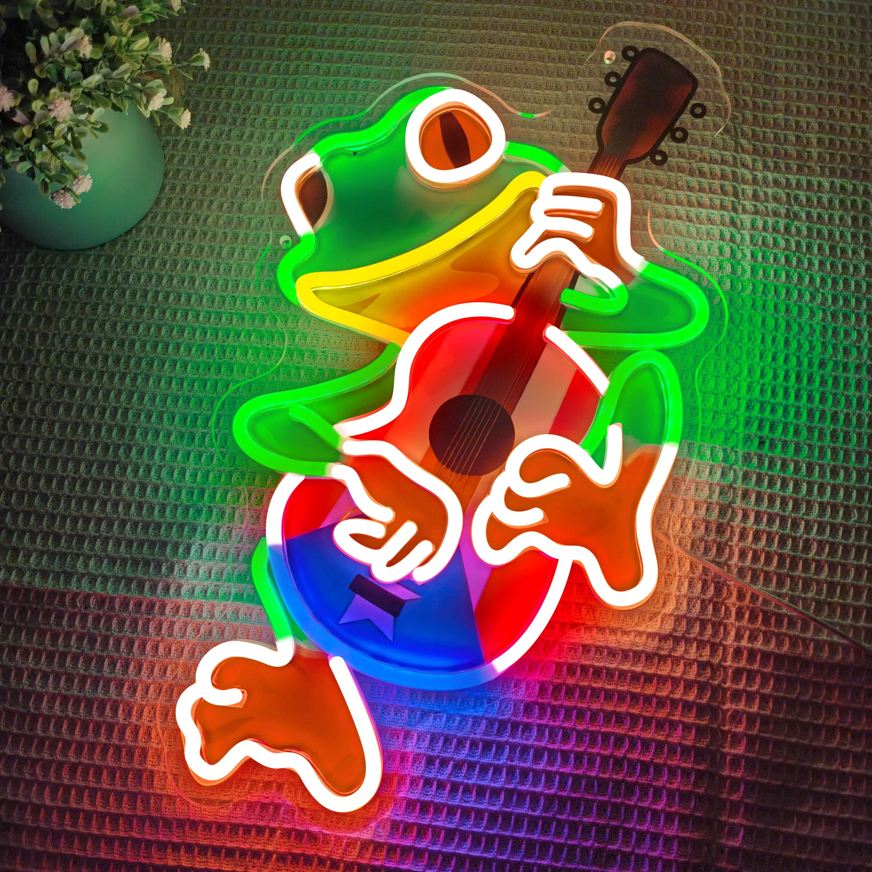 Puerto Rico Frog Playing Guitar Neon Light USB Powered Stand Up Sign for Bedroom Bar Music Room Wall Decor Vibrant Tropical Colors Acrylic Panel LED Strips