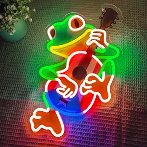 Puerto Rico Frog Playing Guitar Neon Light USB Powered Stand Up Sign for Bedroom Bar Music Room Wall Decor Vibrant Tropical Colors Acrylic Panel LED Strips