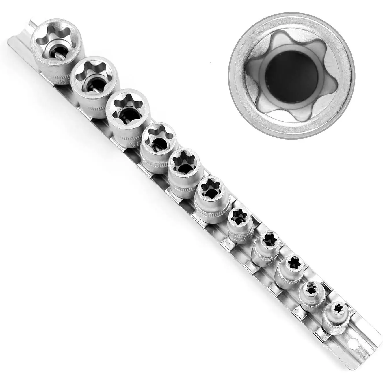 HORUSDY 11 Pc Female E Torx Star Socket Set/Rail, Female External Star Socket Set E4 - E20 Torque Socket Set drive socket tool kit mechanic tool car repair  mechanic men tool perfect gift home repair