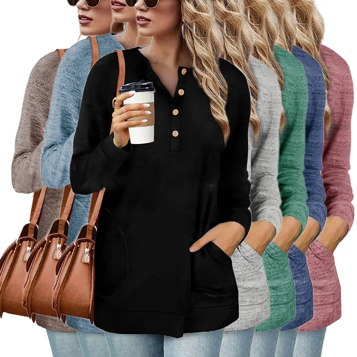 Women's Versatile Button Up Pullover Top Long Sleeve Sweatshirt with Pockets Cozy Loose Fit Blouse for Fall and Winter