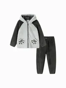 Balabala 4-5 Years Kids' Polyester Coral Fleece Loungewear Set - Hooded, Soft Warm Winter Pajamas for Boys & Girls with Fun Pocket Details