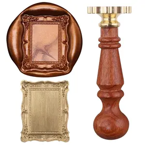 1 count Wax Seal   1 count Removable Wooden Handle, Embossed Rectangle  Texture Brass  Wax  Retro Photo Frame Wax Seal  Kit For Card Envelope Wedding Invitations Scrapbooking