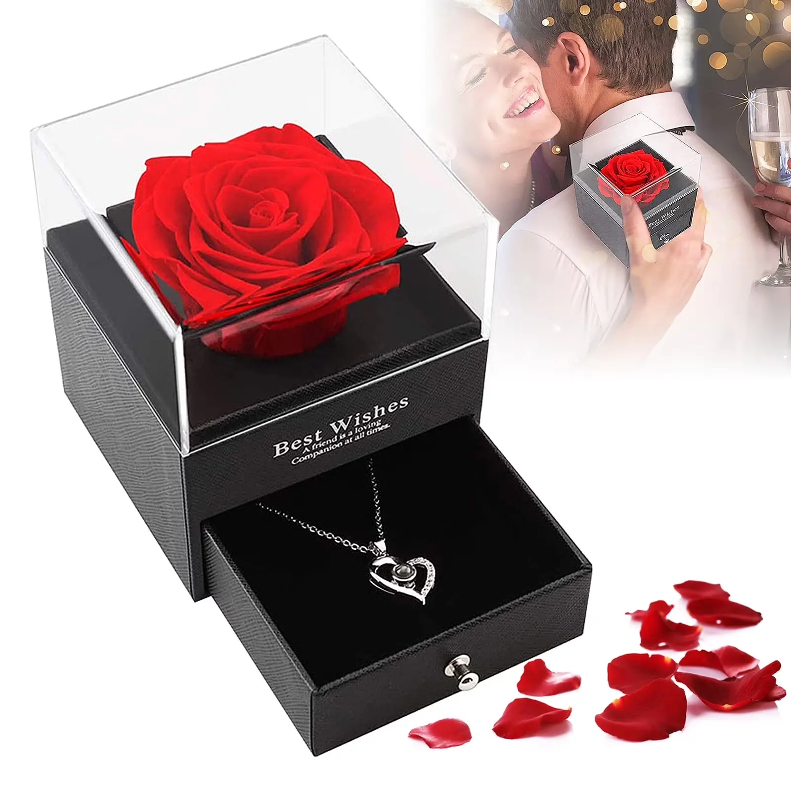 Preserved Red Real Rose with I Love You Necklace in 100 Languages -Eternal Flowers Rose Gifts for Mom Wife Girlfriend Her on Christmas Valentines Day Mothers Day Anniversary Birthday Gifts for Women AOMOTA