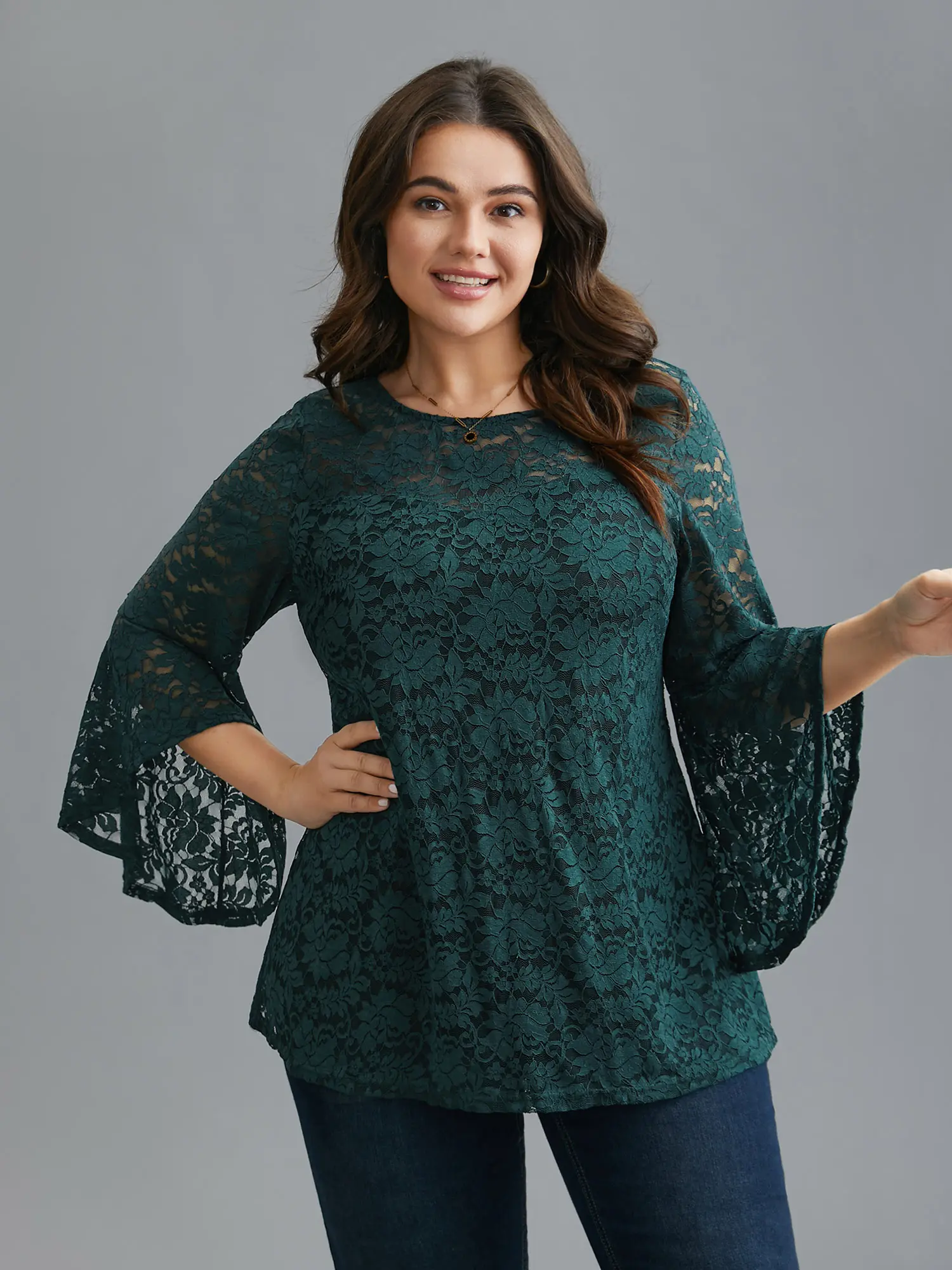 BloomChic Plus Size Blouse for Women, Romantic Sheer Lace Top with Round Neck, Ruffle Longsleeves and an Asymmetrical Cut, Regular Fit, Shirts