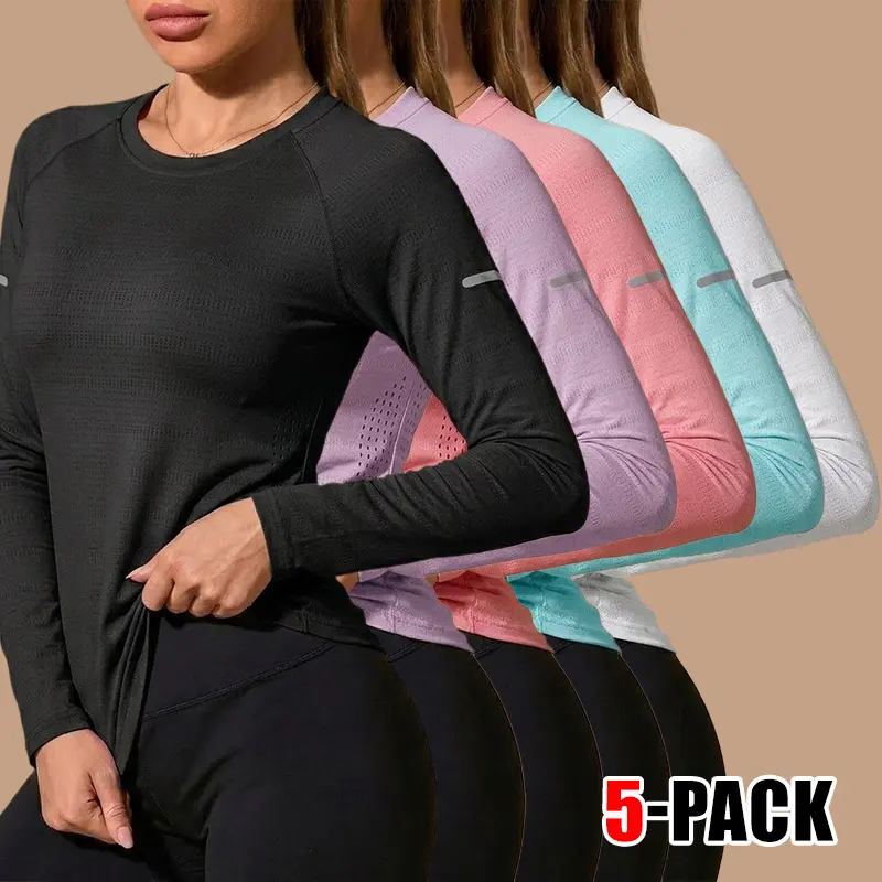 Women's 5pcs Quick-Dry Spring/Autumn Long Sleeve Sports Tops - Breathable Ultra-Thin Printed Crew Neck Shirts for Women, Ideal for Running, Outdoor Activities, Long Sleeve Tops