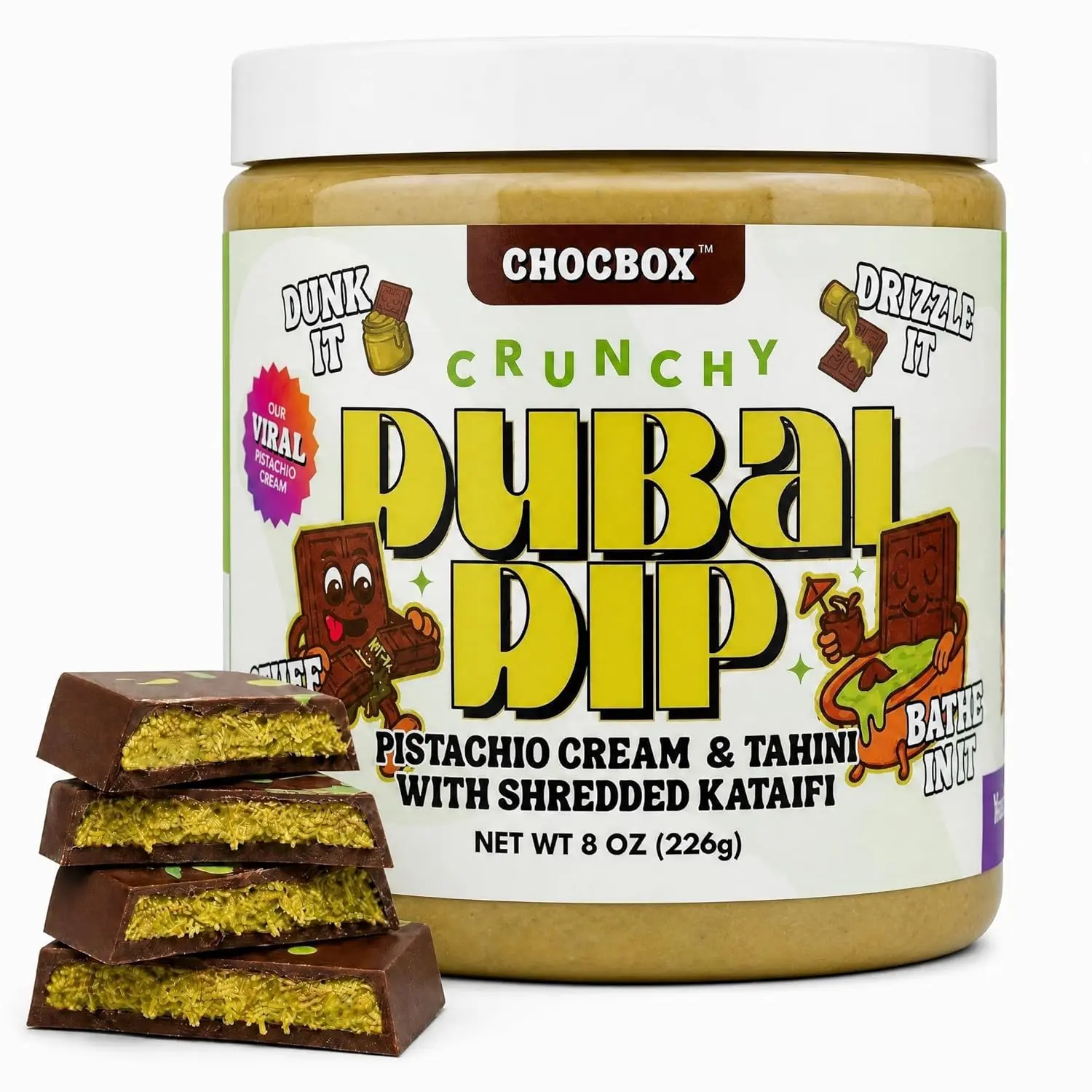 Chocbox Dubai Style Pistachio Dip with Tahini & Crispy Kataifi, Sweet Crunchy Dessert Spread, Ready to Enjoy, 8 oz, Pistachio Flavor