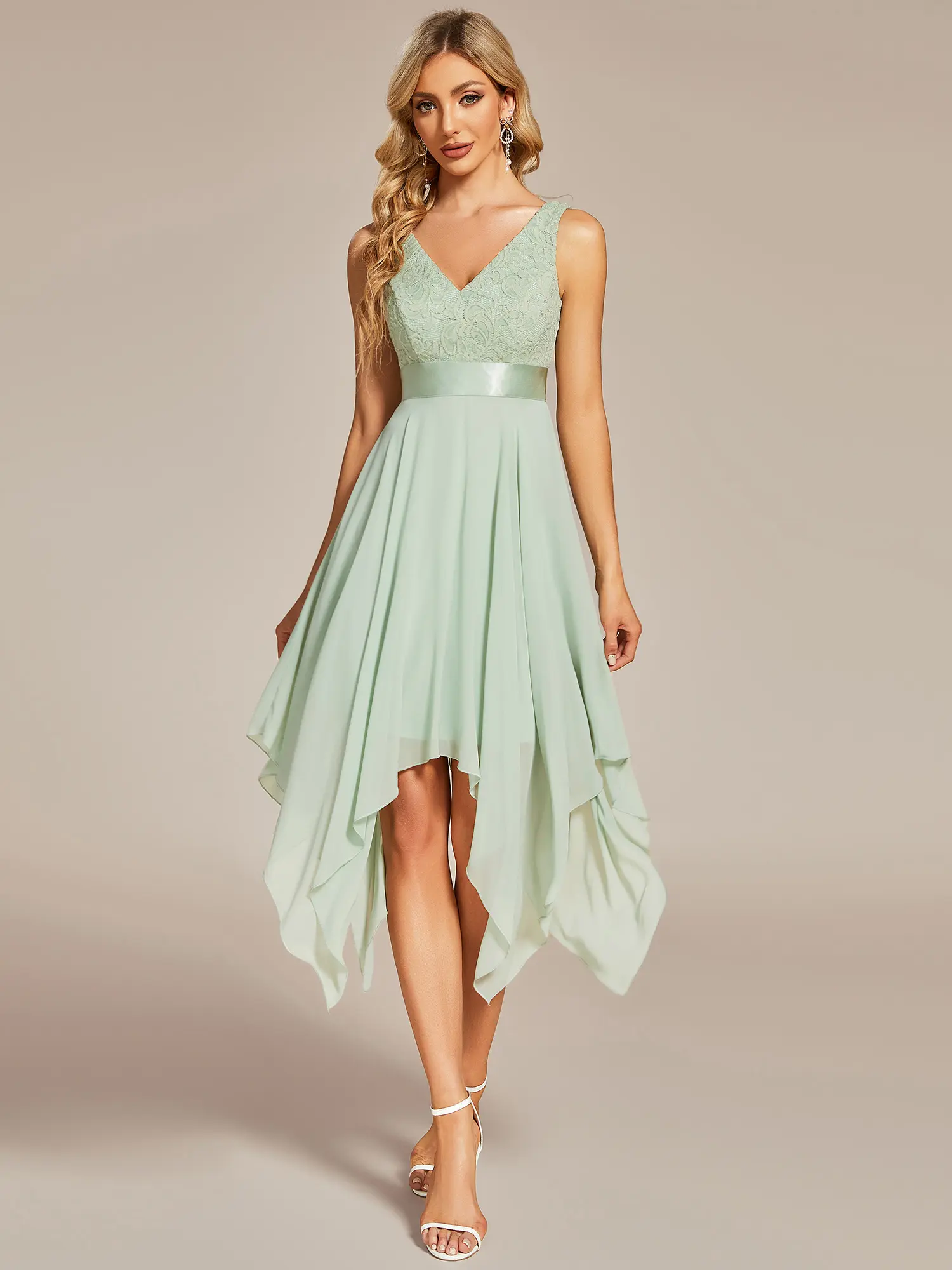 Ever-Pretty Women's Minimalist Deep V-Neck Lace Chiffon Bridesmaid Dress - Ribbon Accent, Asymmetrical Hem, Prom Style, 00207, Fabric, Gorgeous, Party, Basic, Elegant Dresses, Formal Dresses For Women