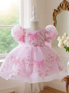 Bowknot floral print dress skirt baby girl clothes sweet and pretty dress suitable for birthday party anniversary