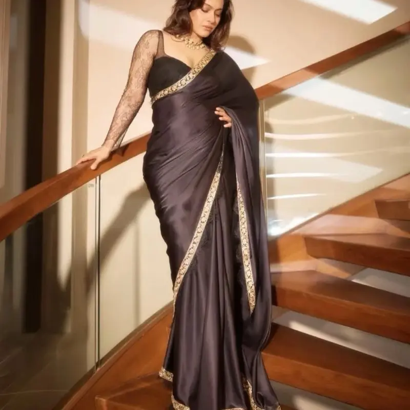MODERN RANGOLI SILK EMBROIDERY LACE BORDER WORK SAREE WITH UNSTITCHED BLOUSE BLACK Elegant Design