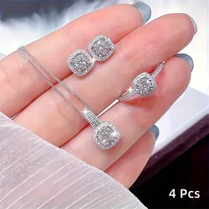 Elegant Matching 4pcs Sparkling Cube Water Rhinestone Jewelry Set - Necklace Pendants, Rings, Earrings, Eyehorus Design, Delicately Cut, Fashionable Versatile for Parties, Daily Wear, Elegant Jewelry Set, Matching Jewelry Set