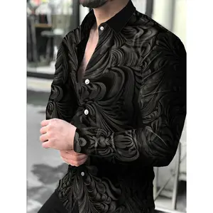 Men's Street Style Embossed Print Long Sleeve Shirt, Casual Regular Fit Polyester Top with Button-Up Lapel Collar, Menswear