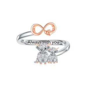 S925 sterling silver alpine cow open ring double cow open ring adjustable opening to fit all finger circumferences perfect fashion jewelry gift animal  ring cushion  cut  ring