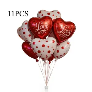 11-Pack I Love You Polka Dot Mylar Heart Shaped Balloons Set with Ribbons, Durable Party Decor for Valentine's Day, Wedding, Birthday & Holidays