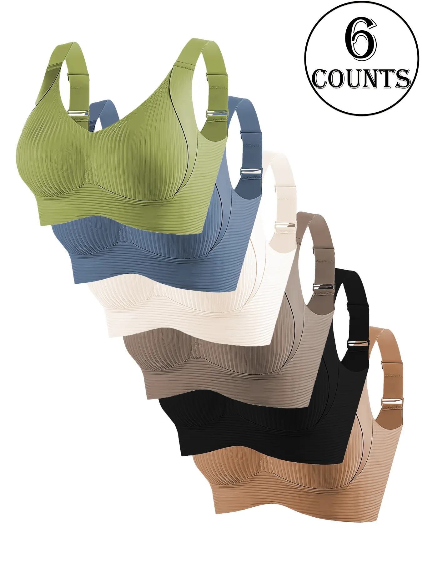 Women's Seamless Wireless Underwear Bralette Bra Set, Adjustable Wide Straps, Comfortable Breathable Smooth Daily Casual Wear, 7/6/5/4/3 Pieces, Ribbed Stripe Design, Fit, Wireless Seamless Bralettes