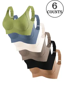 Women's Seamless Wireless Underwear Bralette Bra Set, Adjustable Wide Straps, Comfortable Breathable Daily Wear, 7/6/5/4/3 Pieces, Ribbed Stripe Design