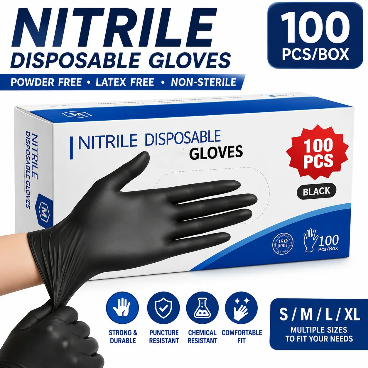 100 Count Black/Blue Nitrile Disposable Gloves, Powder-Free & Latex-Free, Food Prep, Cleaning, Tattoo, Mechanic & Salon Gloves, S-XL