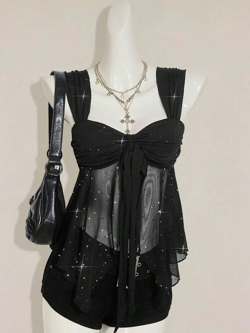 Women's Shiny Mesh Tank Top, Asymmetrical Hem Sleeveless Party Top, Sparkly Christmas Holiday Top for Women, Cocktail, Club, Date Night, New Year's Eve & Going Out Outfit