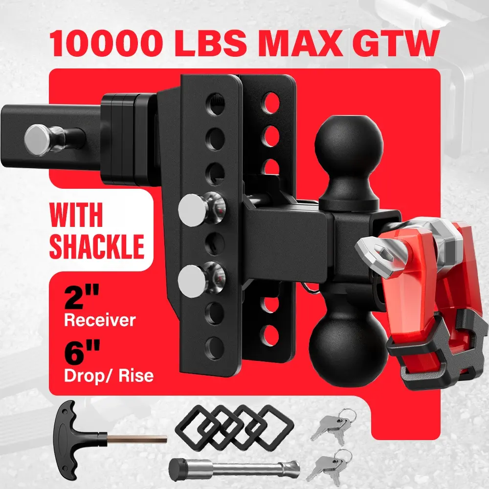 Adjustable Trailer Hitch - Fit 2 Inch Receiver Dual Ball Mount with Shackle, 10,000 LBS GTW, Anti-Theft Keyed Locks, Integrated Trailer Muffler & Rubber Pads & Metal Pad for Noise Reduction,Perfect for trucks, campers, boats & more.cars accessories