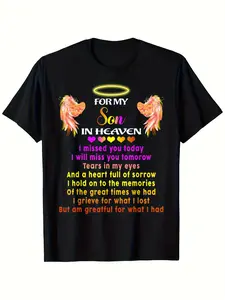 Men's & Women's In Memory T-Shirt - "In Heaven" Angel & Memory Poem Print 100% Cotton Comfort Fit Short Sleeve Round Neck Sympathy Gift for Loss of Son Birthday or Valentine's Day S-XXL Sizes In Loving Memory Design with Angel Wings & Cherubs Single-Sided