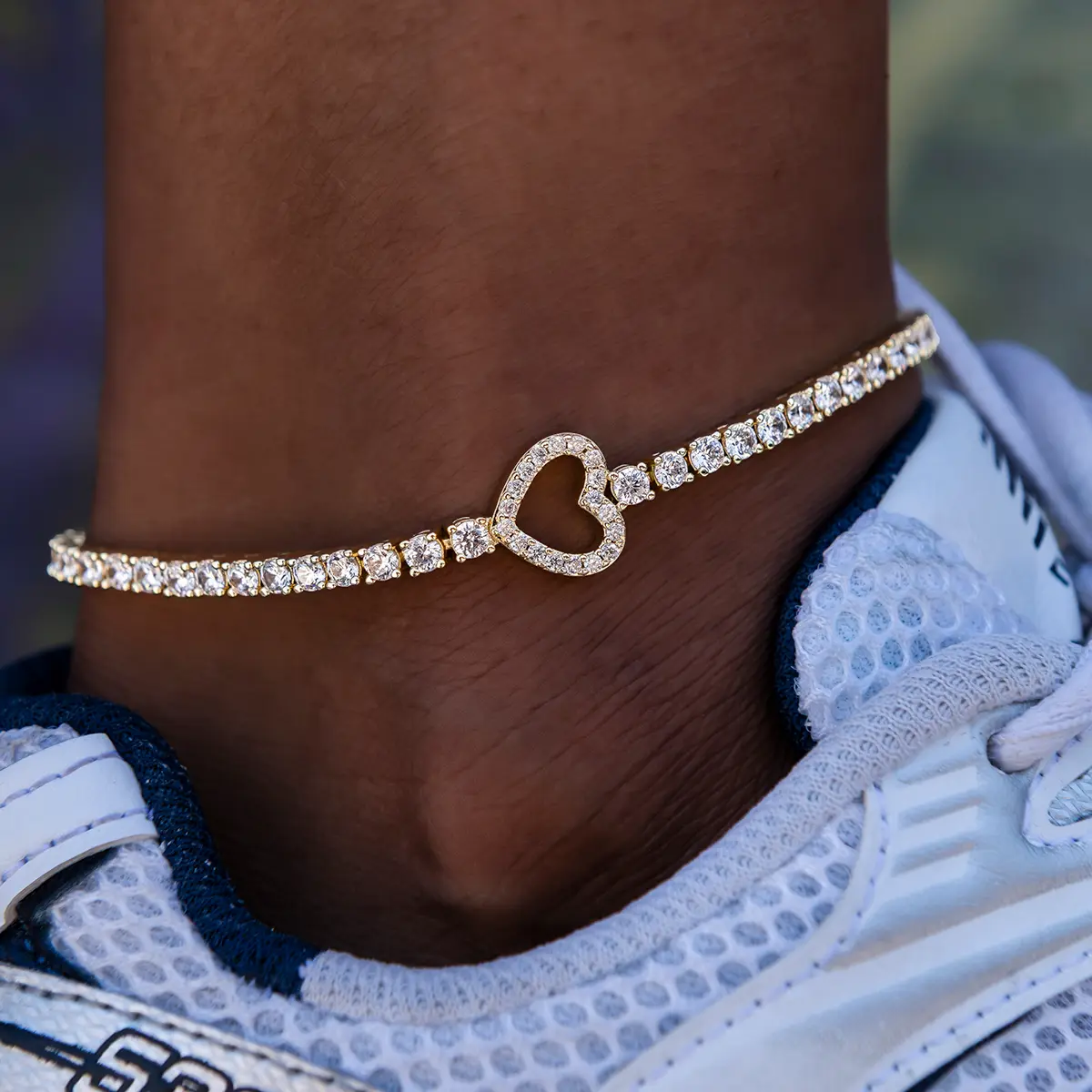GLD Heart Tennis Anklet in 18k Yellow Gold - 3mm Adjustable 8-10 or 9-11 inches with Hand-Set Stones and Lifetime Guarantee 13 grams - Perfect Gift #tiktokshopsummersale