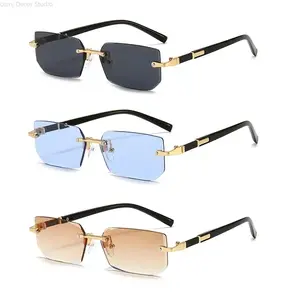 Rimless Rectangle Sunglasses for Men Women Gold Frame UV Protection Minimalist Fashion Eyewear Set