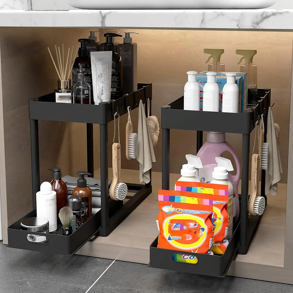 2pcs Under Sink Organizer Multi Purpose Black Plastic Storage Basket with Sliding Shelves and 8 Hooks Durable Metal Construction Bathroom Kitchen Cabinet Spice Rack Mother's day Gift Valentines gift