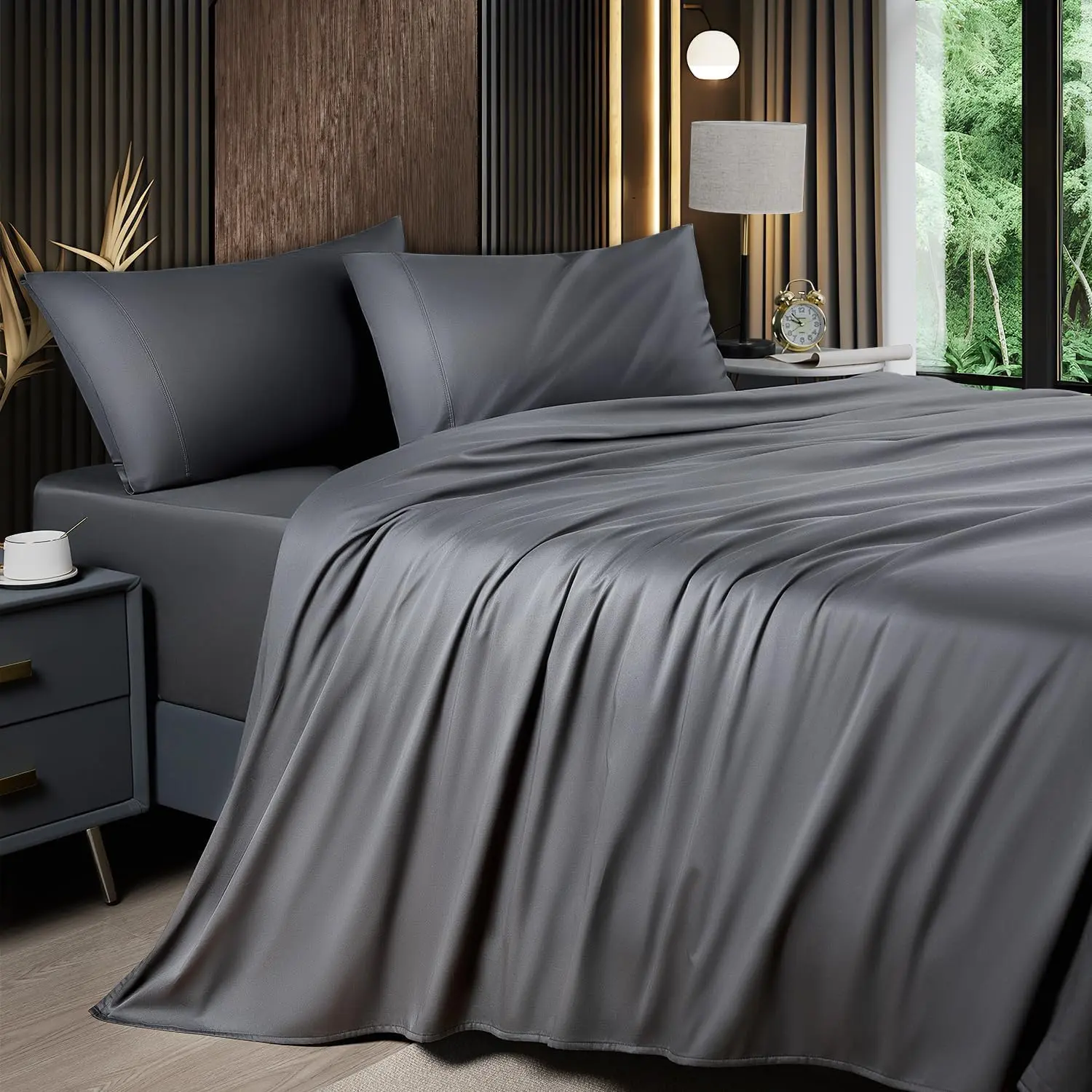 Shilucheng Bamboo Rayon-Blend Queen 4-Piece Bedding Sheet Set, 16" Deep Pocket, Breathable Cooling Silky Sheets for Hot Sleepers, Dark Grey Camping & Hiking Tent Accessory, Four-Pieces