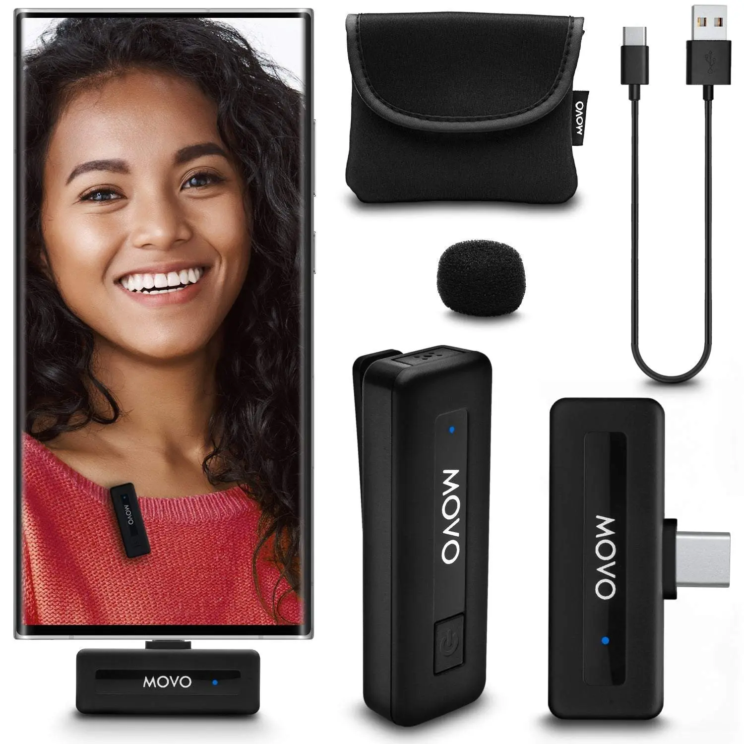 Movo Wireless Mini USB-C Microphone System | Pro Lapel Mic with Noise Cancellation, Long-Range for Android & USB-C Devices