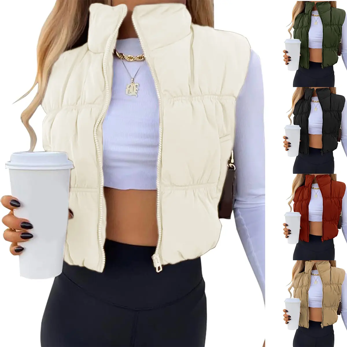 Kingapril Women's Cropped Puffer Vest, Basic Lightweight Padded Zip Up Gilet with Stand Collar for Fall Outfits, Zipper, Lady