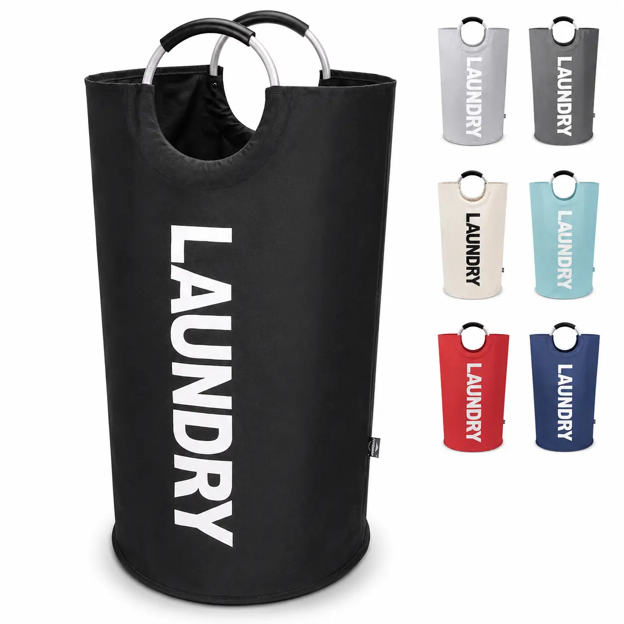 90L Fabric Laundry Basket with Reinforced Aluminum Ring Handles, Foldable Freestanding Storage for Bedroom, Bathroom, Dorm, Black, Fabric Body