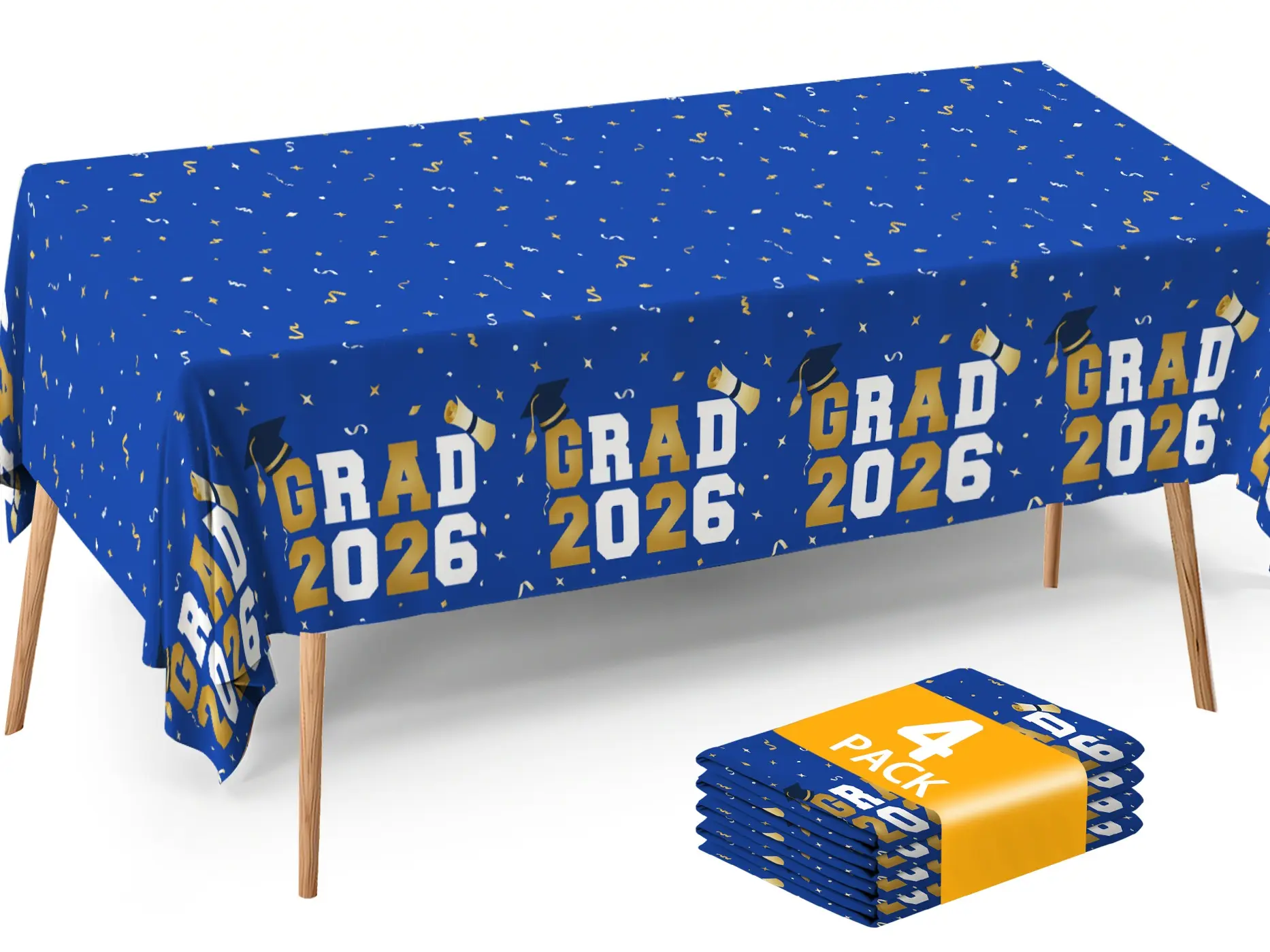 Rectangle Graduation Tablecloths (4-Pack) - 54x108in Class of 2026 Commencement Party Disposable Plastic Table Covers for 8-Ft Tables, Photo-Worthy Gift Essentials with Stars & GRAD 2026 Blue Decor Supplies