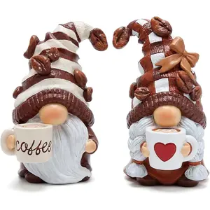 Hodao Gnomes Figurines 2PCS Coffee Dwarf Coffee Bar Decoration Accessories Winter Gifts Autumn Home Layered Tray Table Decoration Indoor gnome Collectibles Resin Enthusiasts Collect Statues