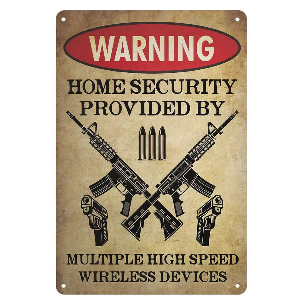Vintage Aged Rustic Casual Adult Aluminum Metal Gun Sign, 8x12in Home Aesthetic Security Warning Plaque, High-Speed Wireless Device Protection Decor, Cross Rifle Pistol Bullet Wall Hanging for Gun Owners