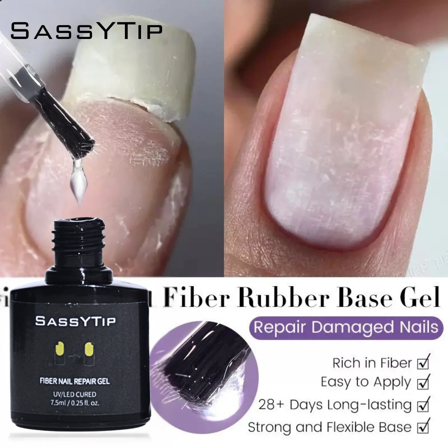 SASSYTIP 7.5ml Fiber Nail Repairing Gel - Manicure, Acrylic & Nail Polish Treatment, Strengthens, Protects & Restores, Hypoallergenic, Easy Application, 2-Month Long-Lasting Results, Fiber Base