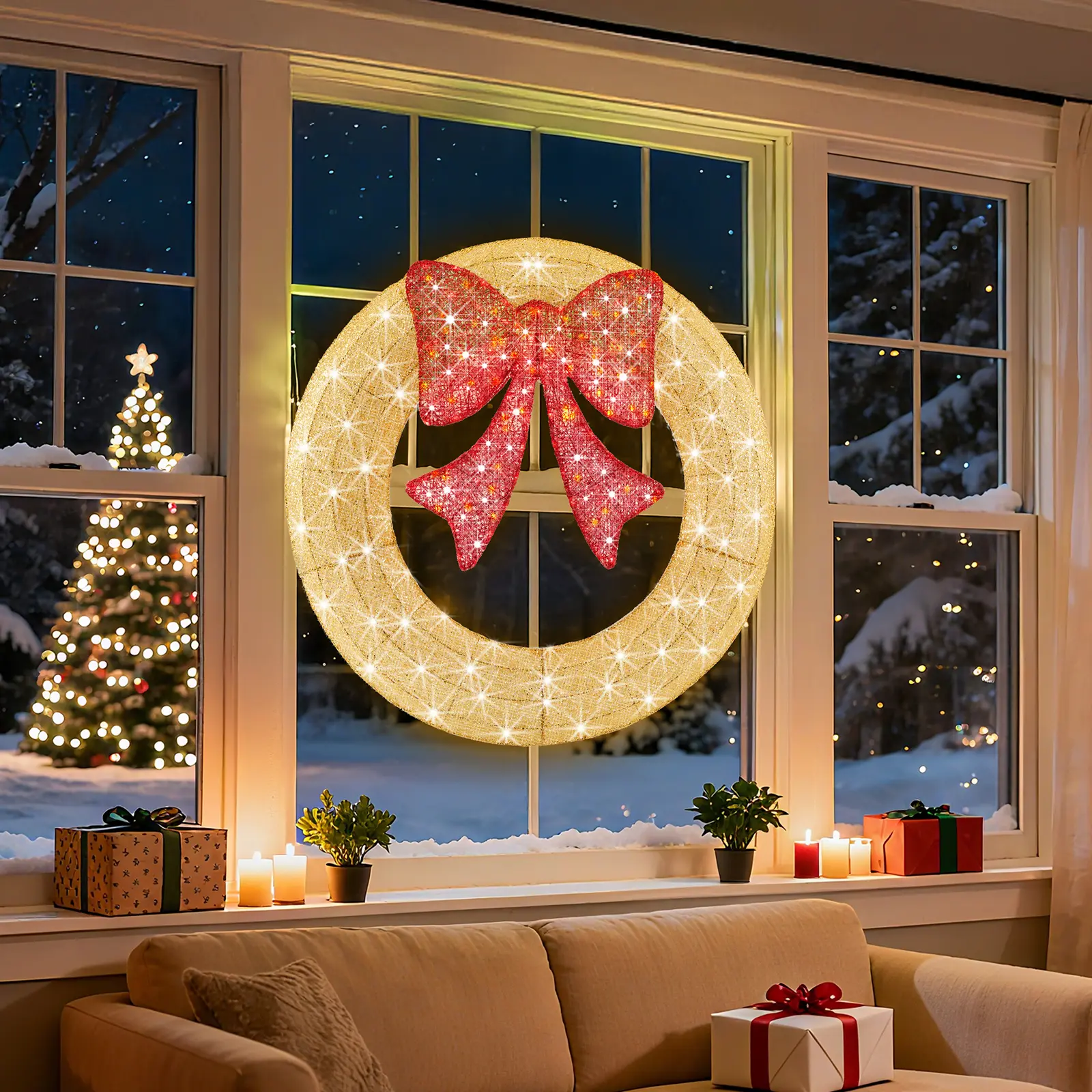 Pre-Lit Gold Round Metal LED Festive Christmas Wreath with Red Bow - LED Lights Decoration for Door, Mantel Pre-Lit Gold Round Metal LED Festive Christmas Wreath with Red Bow - LED Lights Decoration for Door, Mantel