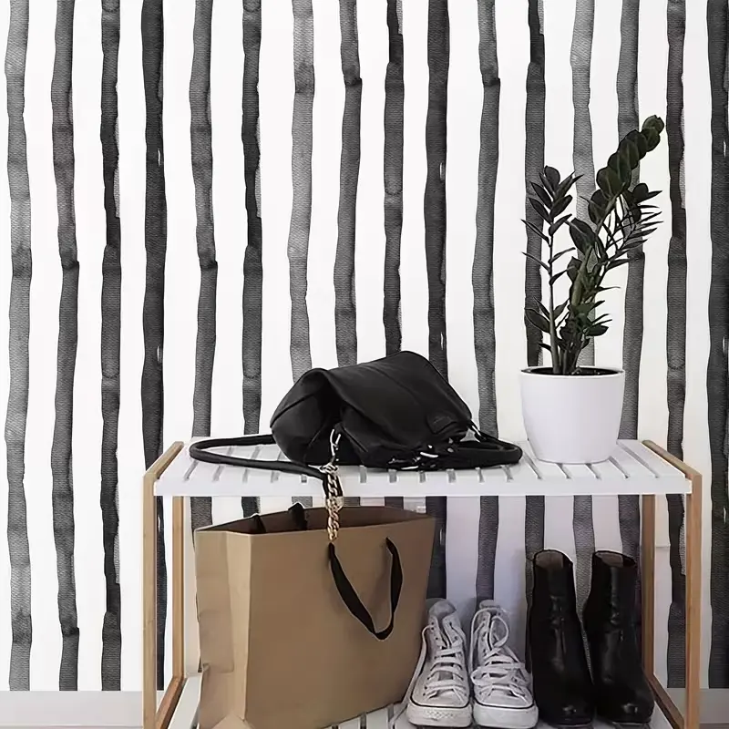 A piece of black and white striped vinyl wallpaper, waterproof thickened wallpaper, modern striped self-adhesive wallpaper, peel and stick wallpaper, striped wallpaper, modern removableyl wallpaper for wall decoration
