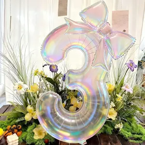 40Inch Transparent Iridescent Number Balloon with 24inch Bowknot Balloon Kit for Kids Adults Birthday Party Decoration Favors