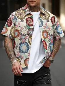 Men's Color-Woven Jacquard Floral Short Shirt Long Pants Set, Spring Summer, Family Gathering and Daily Wear, Casual Fashion