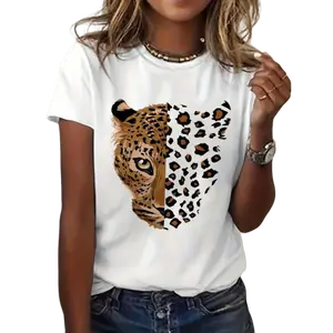leopard tiger vintage graphic print t-shirt, short sleeve crew neck casual top for summer & spring, Women's clothing Crewneck Tshirt
