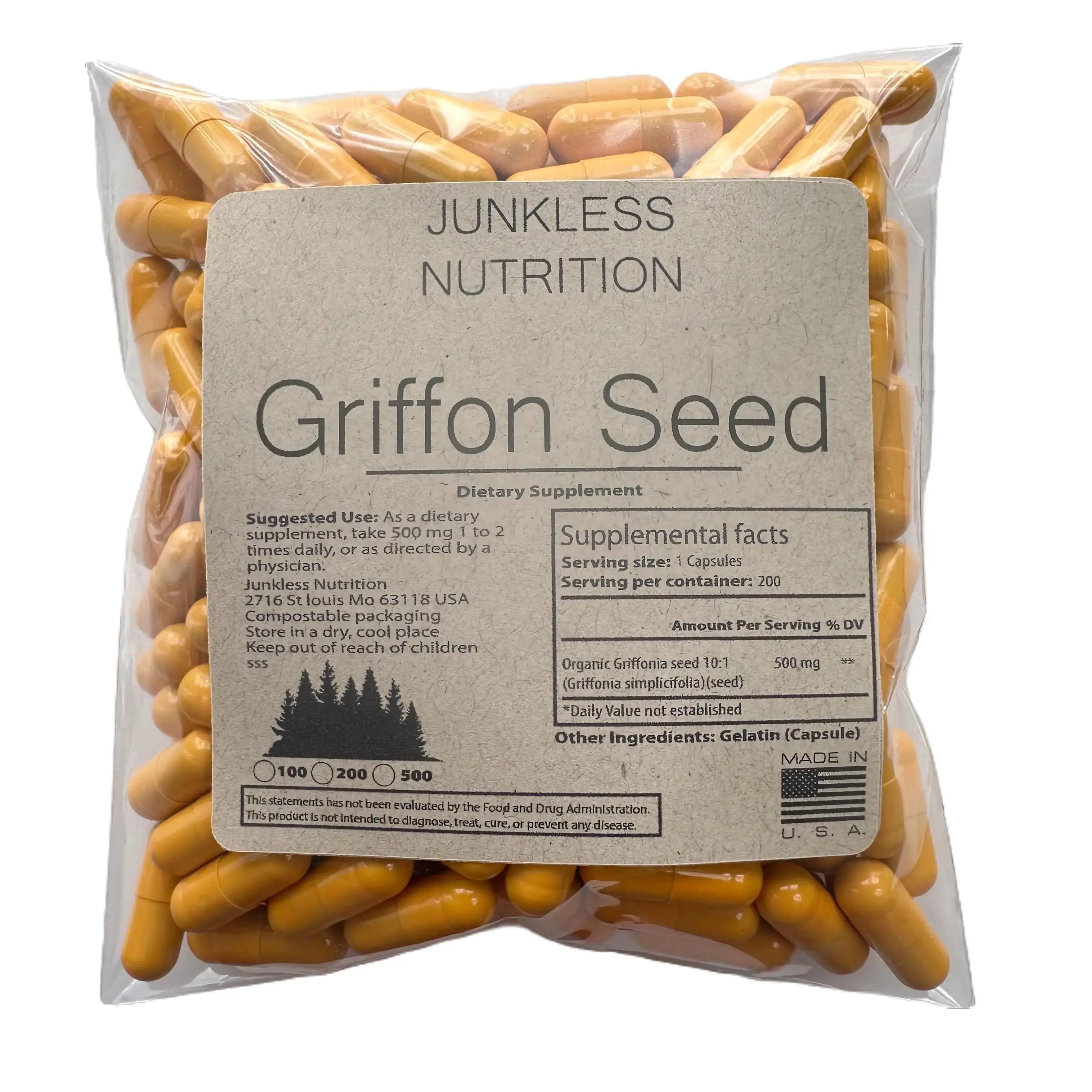 PURE Griffonia Seed Capsules - 500 count - Dietary herbal Supplement