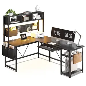 Sikaic 57.5 Inches Reversible L Shaped Gaming Desk with LED Lights and Power Outlet Black Home Office Furniture