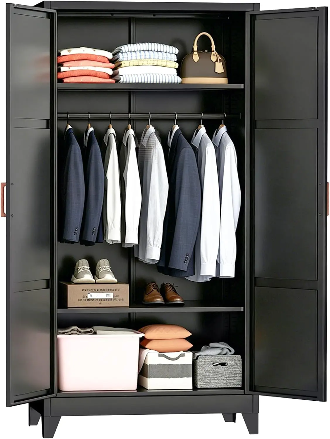 Greenvelly Metal Wardrobe Cabinet, 19" D x 34" W x 71" H Metal Wardrobe Closet with Hanging Rods and Adjustable Shelves,Clothing Storage Closet Cabinet for Bedroom, Cloak Room, Laundry Room (Black)