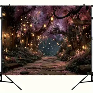 1pc Magical Forest Tapestry - Whimsical Home Decor, Enchanted Purple Cherry Blossom Trees, Glowing Lanterns Horizontal Fantasy Landscape Wall Hanging, Easy Hang No Electricity Needed, Indoor-Outdoor Living Room Bedroom Decor