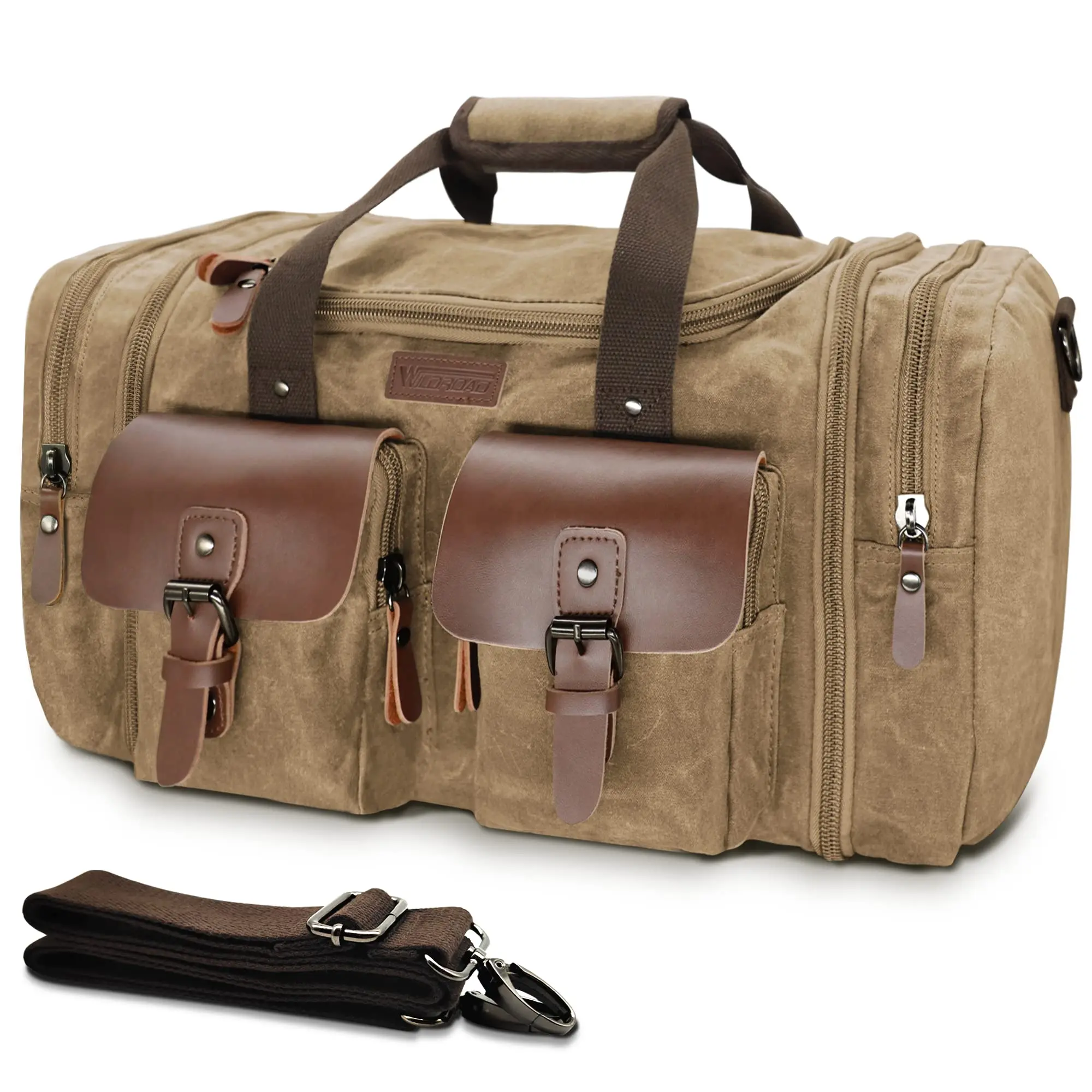 Wildroad Duffle Bag for Men, Vintage Waxed Canvas & Leather Personal Item Travel Bag, Expandable 50-60L Waterproof Multipurpose Luggage, Male, Father's Day, (L)20.8 X (W)10.2 X (H)11.8 Inches, 50 Liter