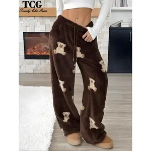 Women’s wool pajamas with a cartoon bear pattern, thick knitted warm home pants, comfortable and soft velvet pajamas, autumn and winter casual wear, home clothes GARMENTARY