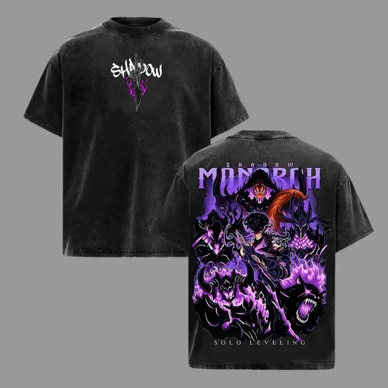 Menswear Unisex Vintage Washed Shadow Monarch Anime Tshirt - Solo Leveling Sung Jinwoo Oversized Short Sleeve Fabric Dark Purple Graphic Streetwear Top, Shortsleeve, Original